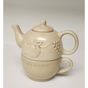 TWO PART TEA CUP AND INDIVIDUAL TEA POT COMBO FRUIT MOTIF